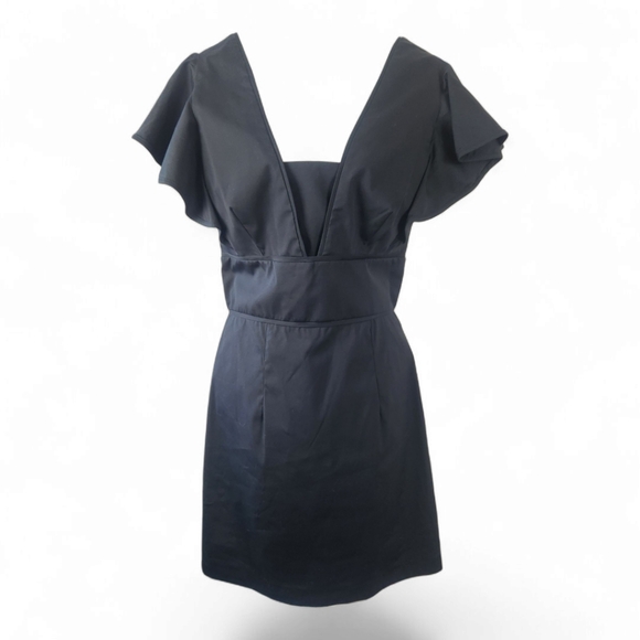 MILLY Deni Mini Dress 10 Black Poplin Flutter Sleeve Plunge Neckline Party - Picture 2 of 11